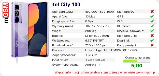 Dane telefonu Itel City 100 Dane telefonu Itel City 100
