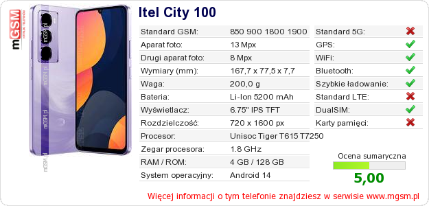 Dane telefonu Itel City 100