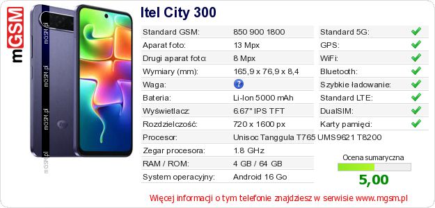 Dane telefonu Itel City 300 Dane telefonu Itel City 300
