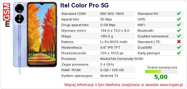 Dane telefonu Itel Color Pro 5G