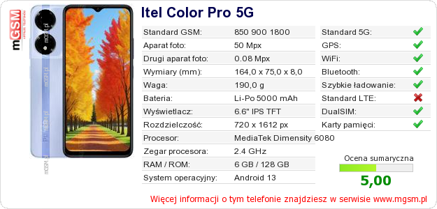 Dane telefonu Itel Color Pro 5G