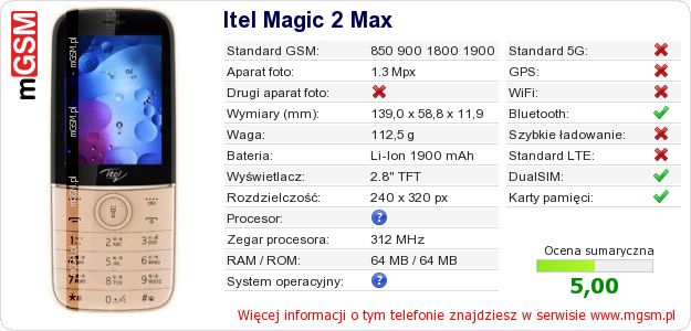 Dane telefonu Itel Magic 2 Max