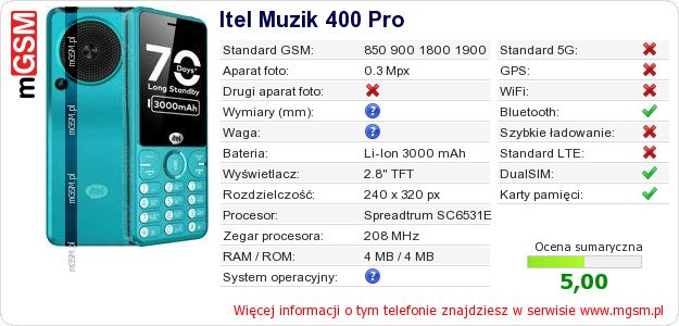Dane telefonu Itel Muzik 400 Pro Dane telefonu Itel Muzik 400 Pro