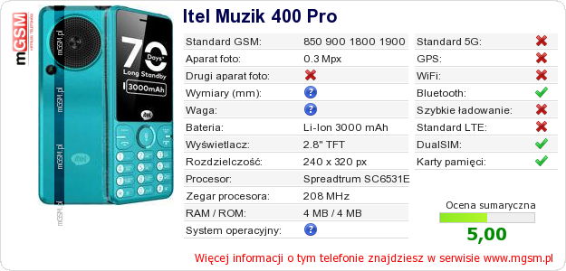 Dane telefonu Itel Muzik 400 Pro