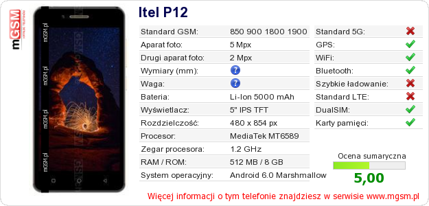 Dane telefonu Itel P12