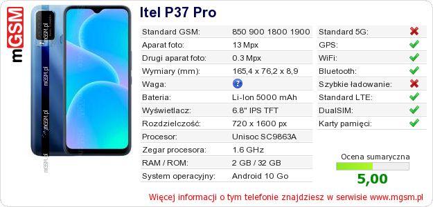 Dane telefonu Itel P37 Pro Dane telefonu Itel P37 Pro