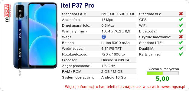 Dane telefonu Itel P37 Pro Dane telefonu Itel P37 Pro