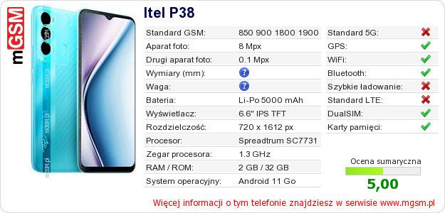 Dane telefonu Itel P38 Dane telefonu Itel P38