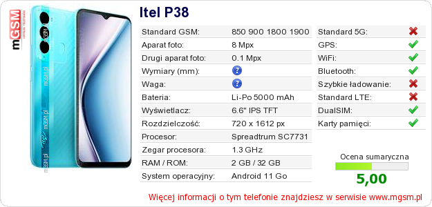Dane telefonu Itel P38 Dane telefonu Itel P38
