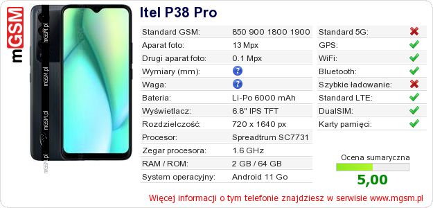 Dane telefonu Itel P38 Pro