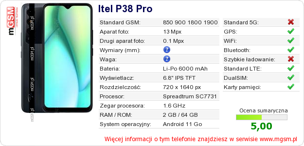 Dane telefonu Itel P38 Pro