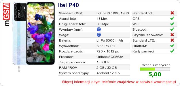 Dane telefonu Itel P40 Dane telefonu Itel P40