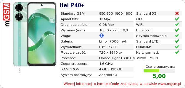 Dane telefonu Itel P40+ Dane telefonu Itel P40+