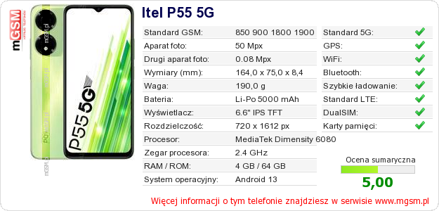 Dane telefonu Itel P55 5G