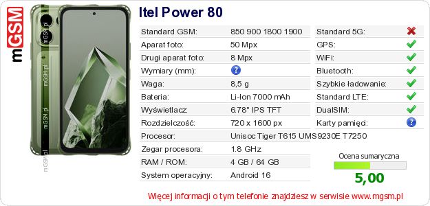Dane telefonu Itel Power 80 Dane telefonu Itel Power 80