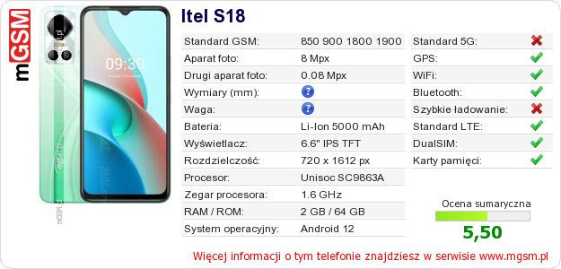 Dane telefonu Itel S18