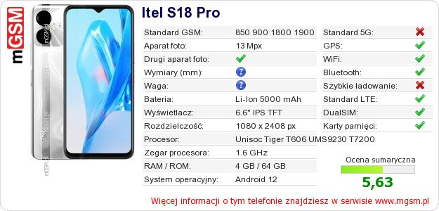 Dane telefonu Itel S18 Pro Dane telefonu Itel S18 Pro