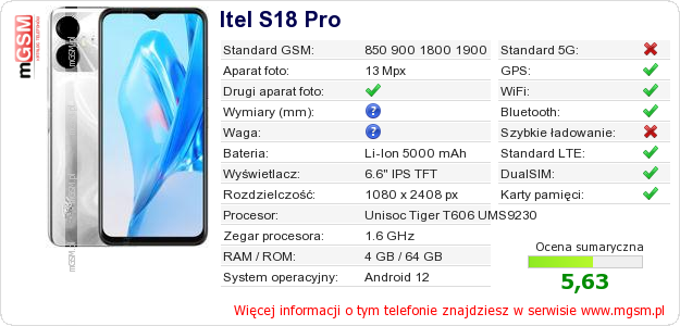 Dane telefonu Itel S18 Pro