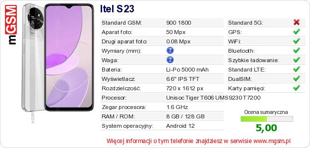 Dane telefonu Itel S23 Dane telefonu Itel S23