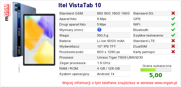 Dane telefonu Itel VistaTab 10 Dane telefonu Itel VistaTab 10