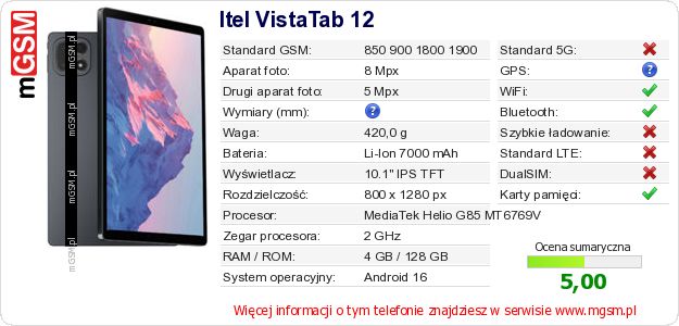 Dane telefonu Itel VistaTab 12 Dane telefonu Itel VistaTab 12