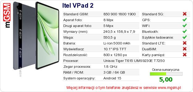 Dane telefonu Itel VPad 2 Dane telefonu Itel VPad 2