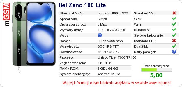 Dane telefonu Itel Zeno 100 Lite Dane telefonu Itel Zeno 100 Lite