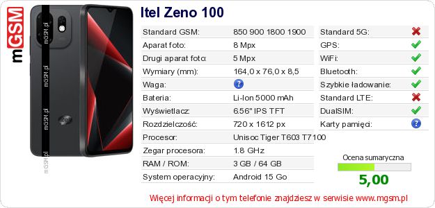 Dane telefonu Itel Zeno 100 Dane telefonu Itel Zeno 100