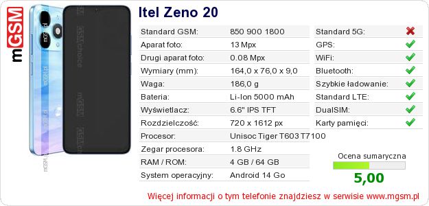 Dane telefonu Itel Zeno 20