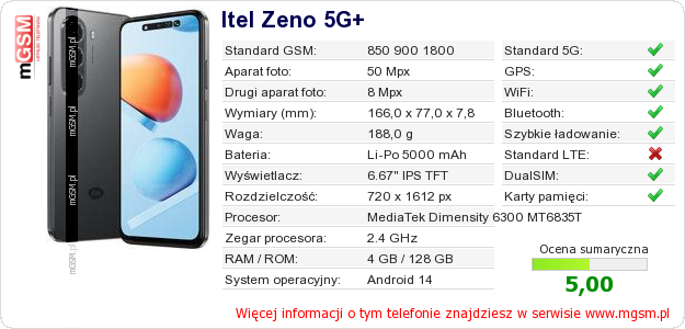 Dane telefonu Itel Zeno 5G+ Dane telefonu Itel Zeno 5G+