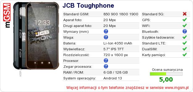 Dane telefonu JCB Toughphone