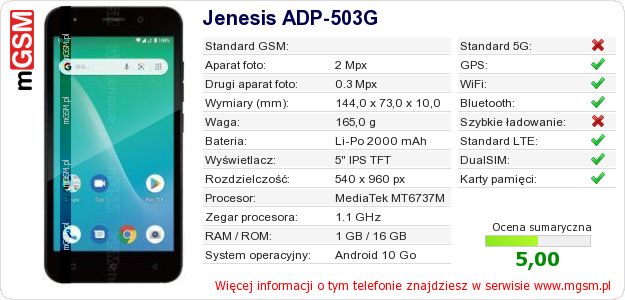 Dane telefonu Jenesis ADP-503G