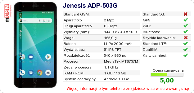 Dane telefonu Jenesis ADP-503G