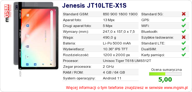 Dane telefonu Jenesis JT10LTE-X1S