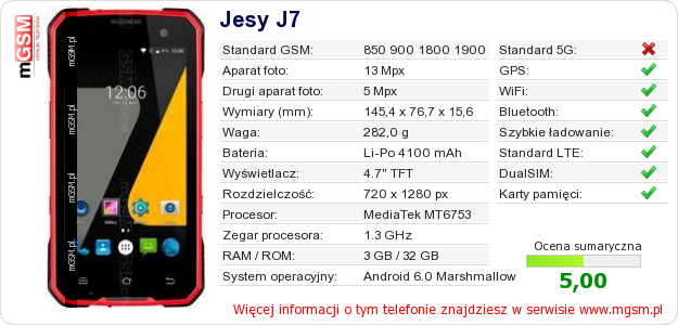 Dane telefonu Jesy J7 Dane telefonu Jesy J7