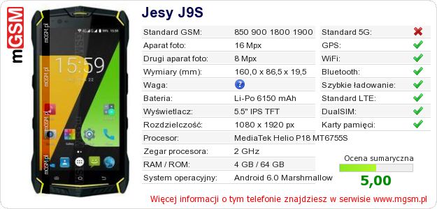 Dane telefonu Jesy J9S Dane telefonu Jesy J9S