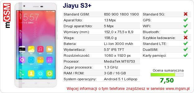 Dane telefonu Jiayu S3+ Dane telefonu Jiayu S3+