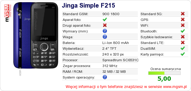 Dane telefonu Jinga Simple F215