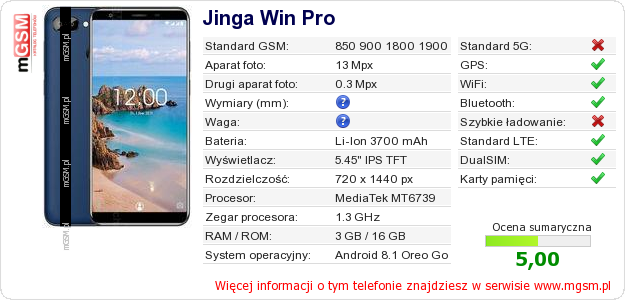Dane telefonu Jinga Win Pro