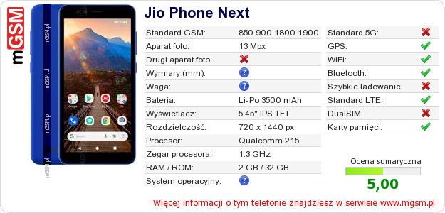 Dane telefonu Jio Phone Next