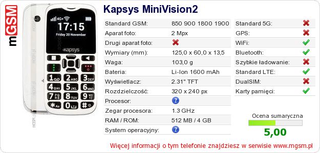 Dane telefonu Kapsys MiniVision2