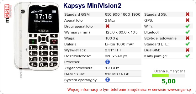 Dane telefonu Kapsys MiniVision2