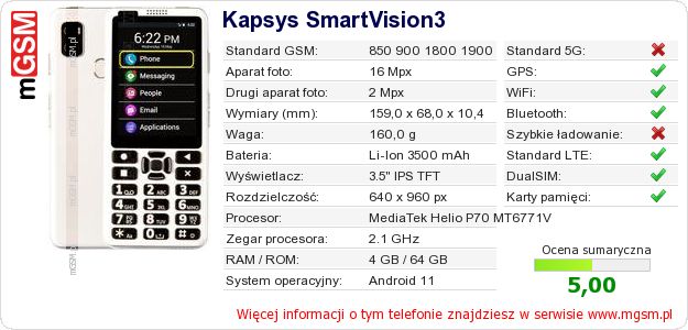 Dane telefonu Kapsys SmartVision3 Dane telefonu Kapsys SmartVision3