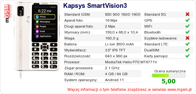 Dane telefonu Kapsys SmartVision3
