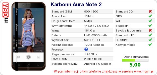 Dane telefonu Karbonn Aura Note 2 Dane telefonu Karbonn Aura Note 2