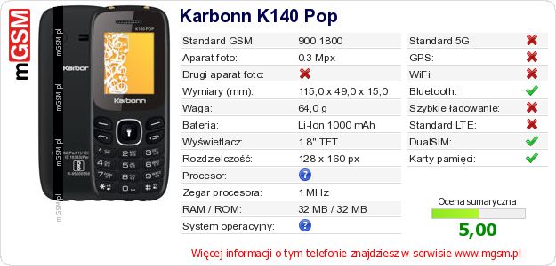 Dane telefonu Karbonn K140 Pop Dane telefonu Karbonn K140 Pop
