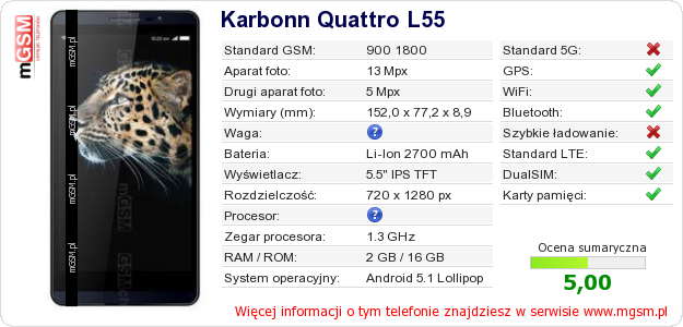 Dane telefonu Karbonn Quattro L55 Dane telefonu Karbonn Quattro L55