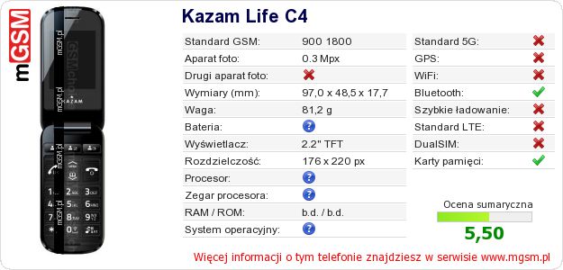 Dane telefonu Kazam Life C4