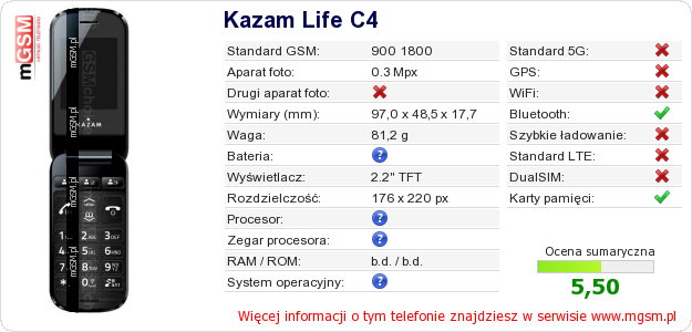 Dane telefonu Kazam Life C4