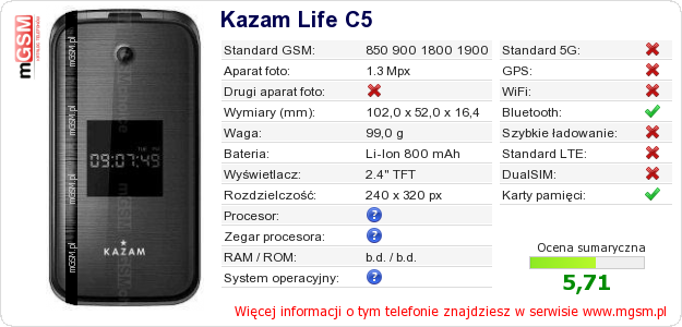 Dane telefonu Kazam Life C5